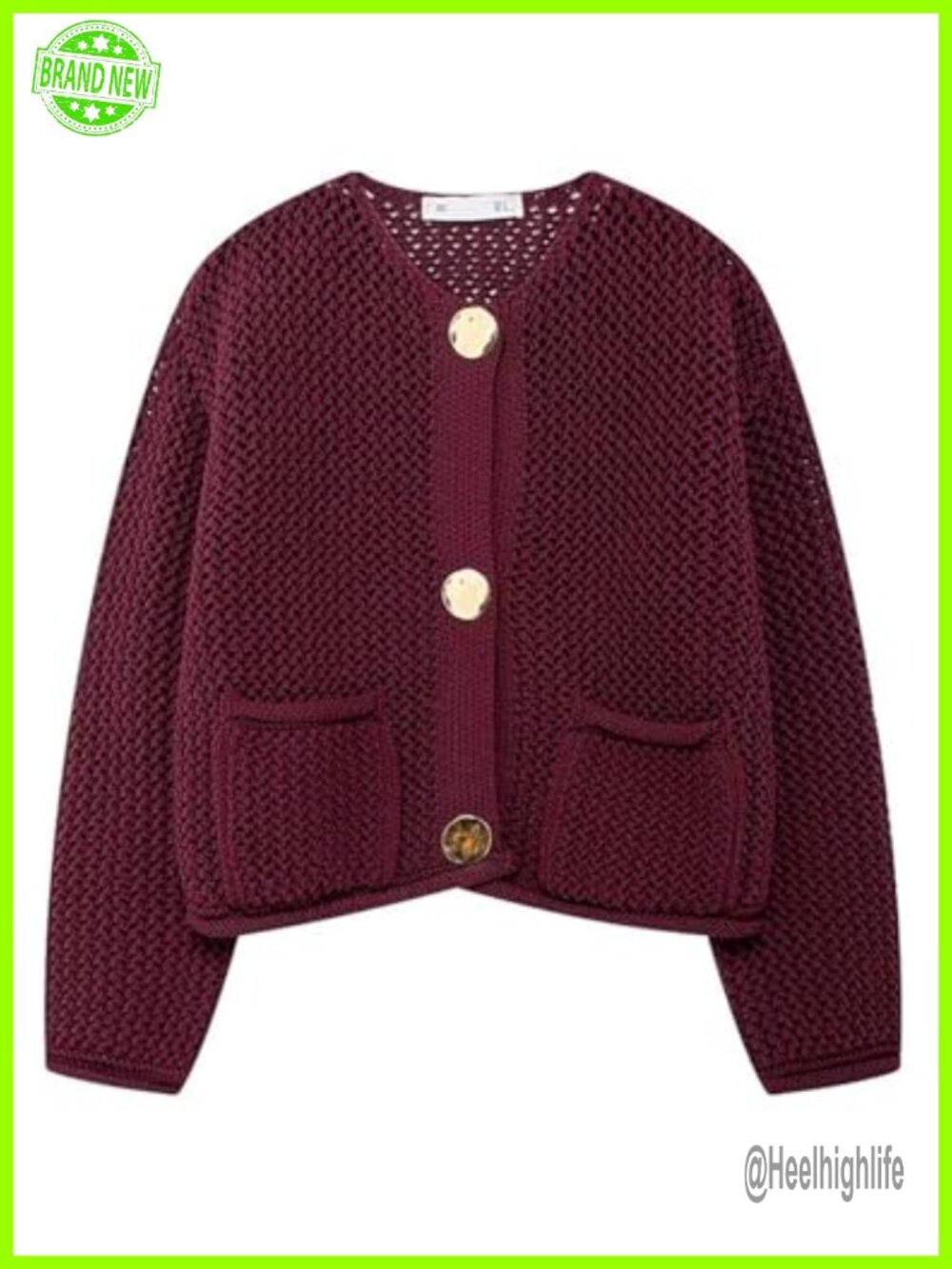 Cropped Cardigan Sweater with Gold Button Down Open Front Chunky Knit